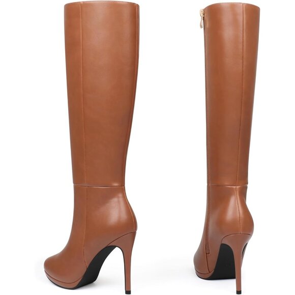 Women's Brown Rubber Stiletto Knee High Boots Platform Side Zipper Long Boots - Picture 3 of 9